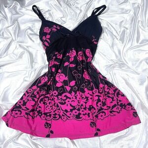 y2k Janette Floral Babydoll Cami Top Black Pink Empire Waist Tie Back